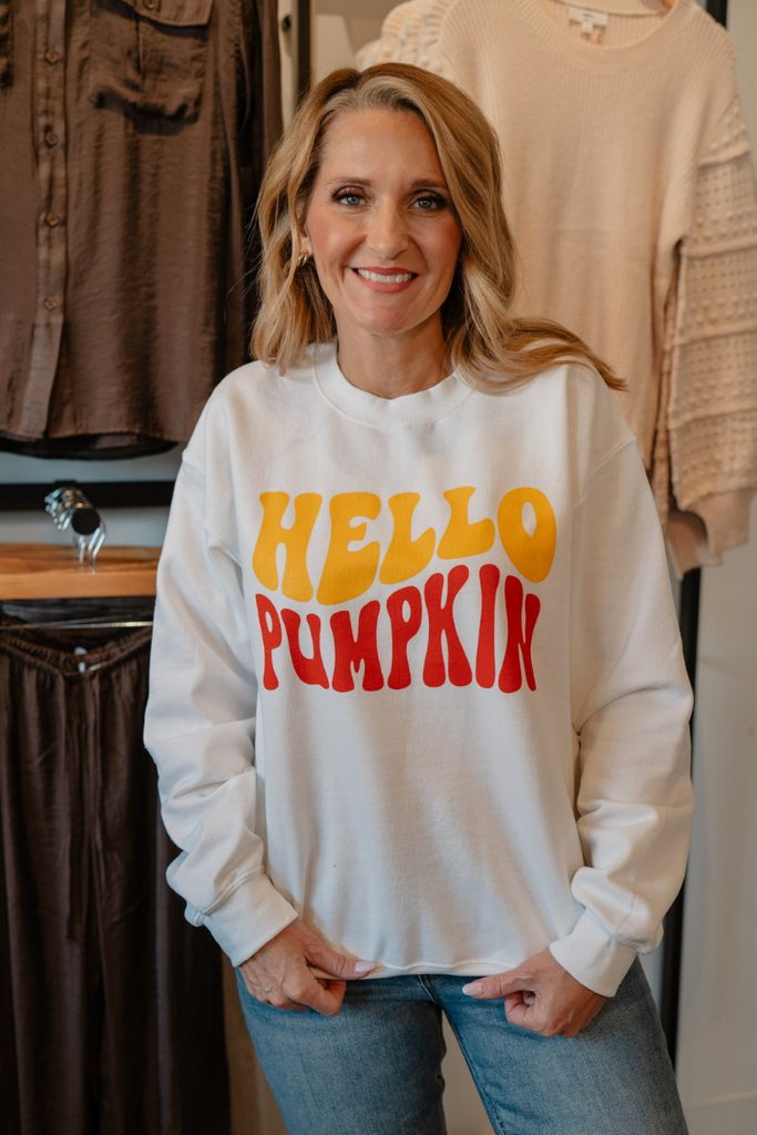 Hello Pumpkin Sweatshirt-Graphic Sweatshirts-Imperial Designs-Usher & Co - Women's Boutique Located in Atoka, OK and Durant, OK