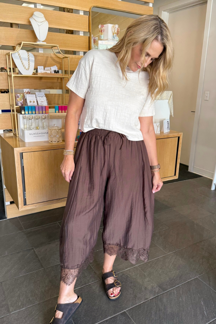 Lace Balloon Pants-Brown-4- Bottoms-Glam-Usher & Co - Women's Boutique Located in Atoka, OK and Durant, OK