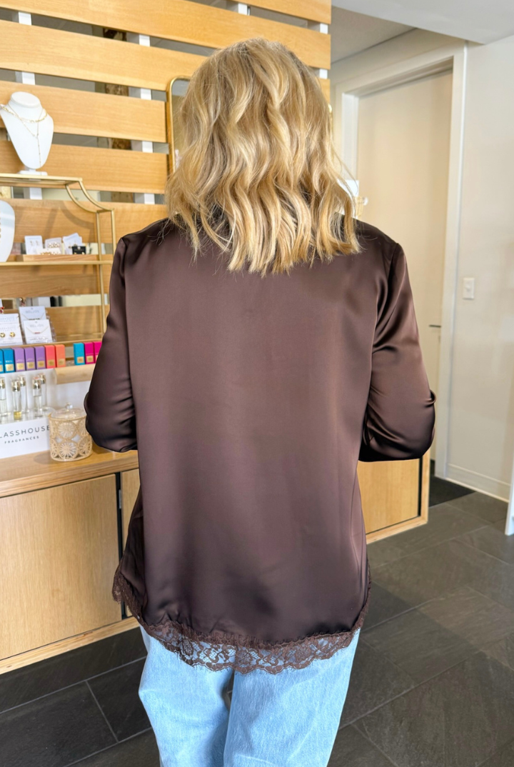 Lace Satin Long Sleeve-Brown-1- Tops-Glam-Usher & Co - Women's Boutique Located in Atoka, OK and Durant, OK