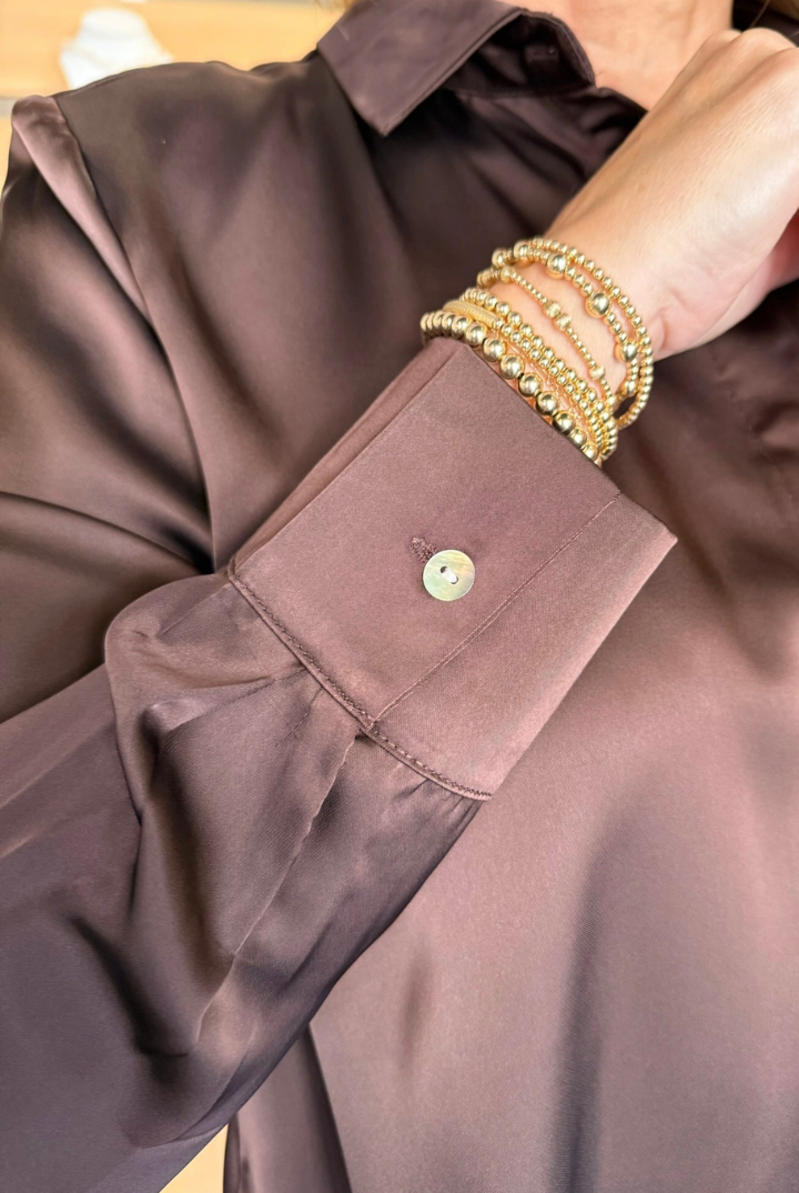 Lace Satin Long Sleeve-Brown-1- Tops-Glam-Usher & Co - Women's Boutique Located in Atoka, OK and Durant, OK