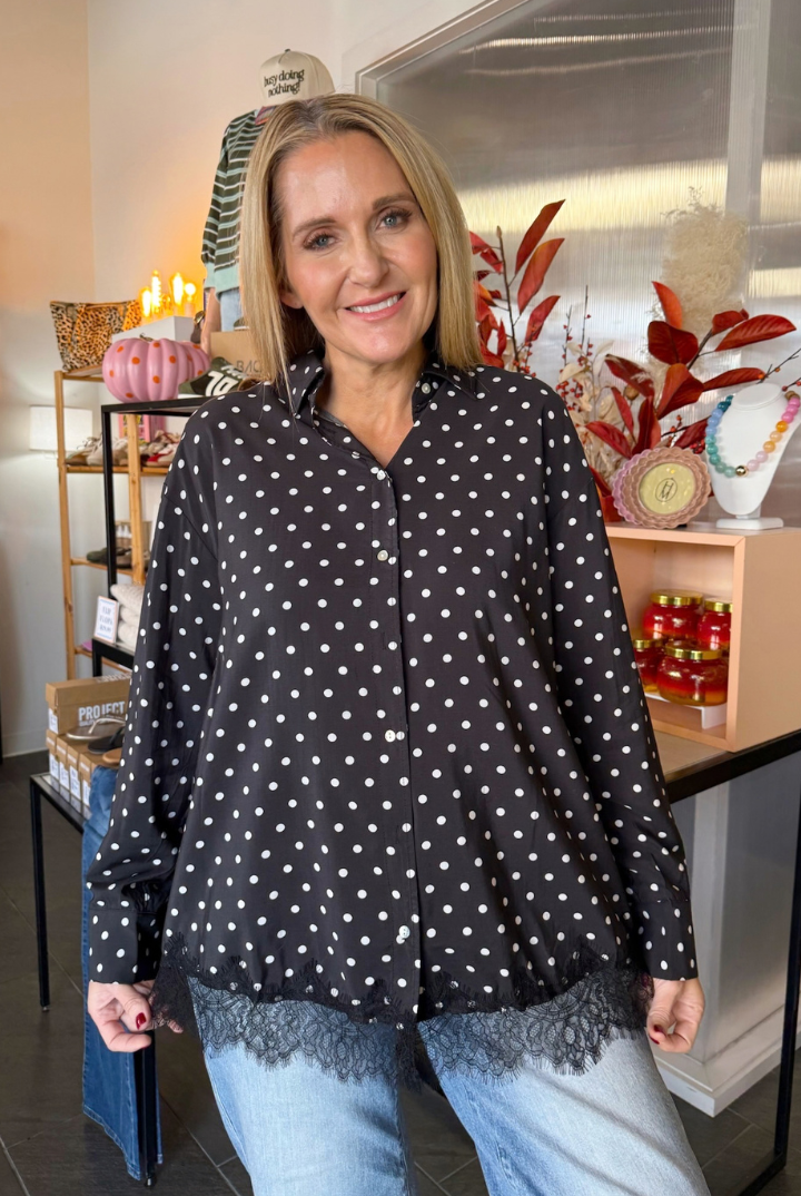 Farrah Polka Dot Button Down-1- Tops-Glam-Usher & Co - Women's Boutique Located in Atoka, OK and Durant, OK