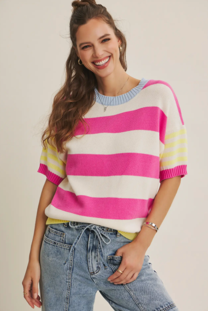 Sunset Stitch Sweater-Fuschia/Lemon-1- Tops-In February-Usher & Co - Women's Boutique Located in Atoka, OK and Durant, OK