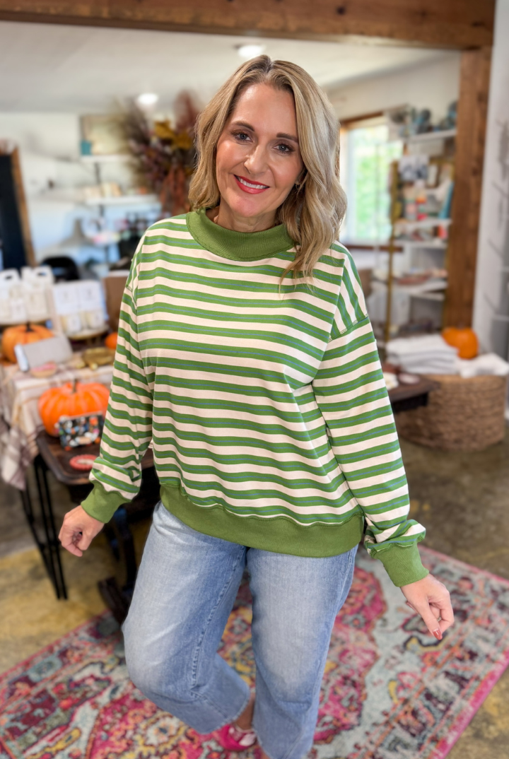 Rylee Striped Mock Neck Top-Green Multi-1- Tops-Things Between-Usher & Co - Women's Boutique Located in Atoka, OK and Durant, OK