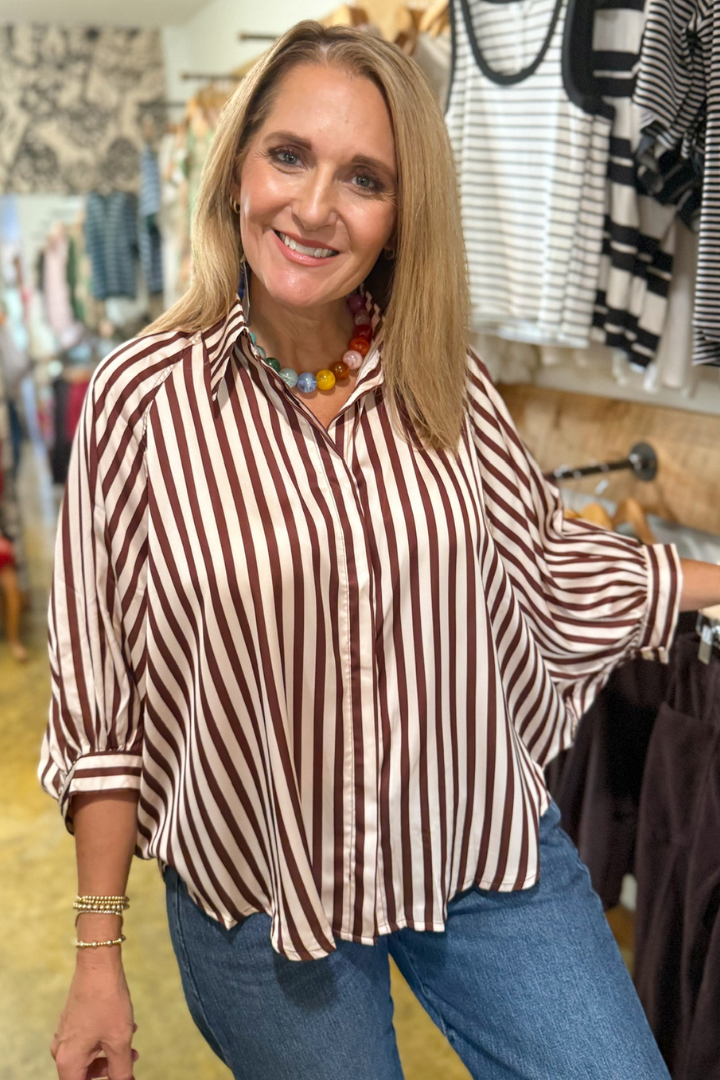 Nora Puff Sleeve Striped Top-Brown-1- Tops-Glam-Usher & Co - Women's Boutique Located in Atoka, OK and Durant, OK