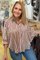 Nora Puff Sleeve Striped Top-Brown-1- Tops-Glam-Usher & Co - Women's Boutique Located in Atoka, OK and Durant, OK