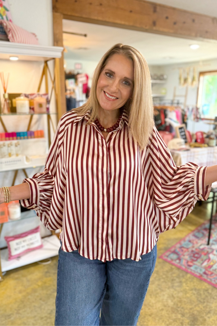 Nora Puff Sleeve Striped Top-Burgundy-1- Tops-Glam-Usher & Co - Women's Boutique Located in Atoka, OK and Durant, OK