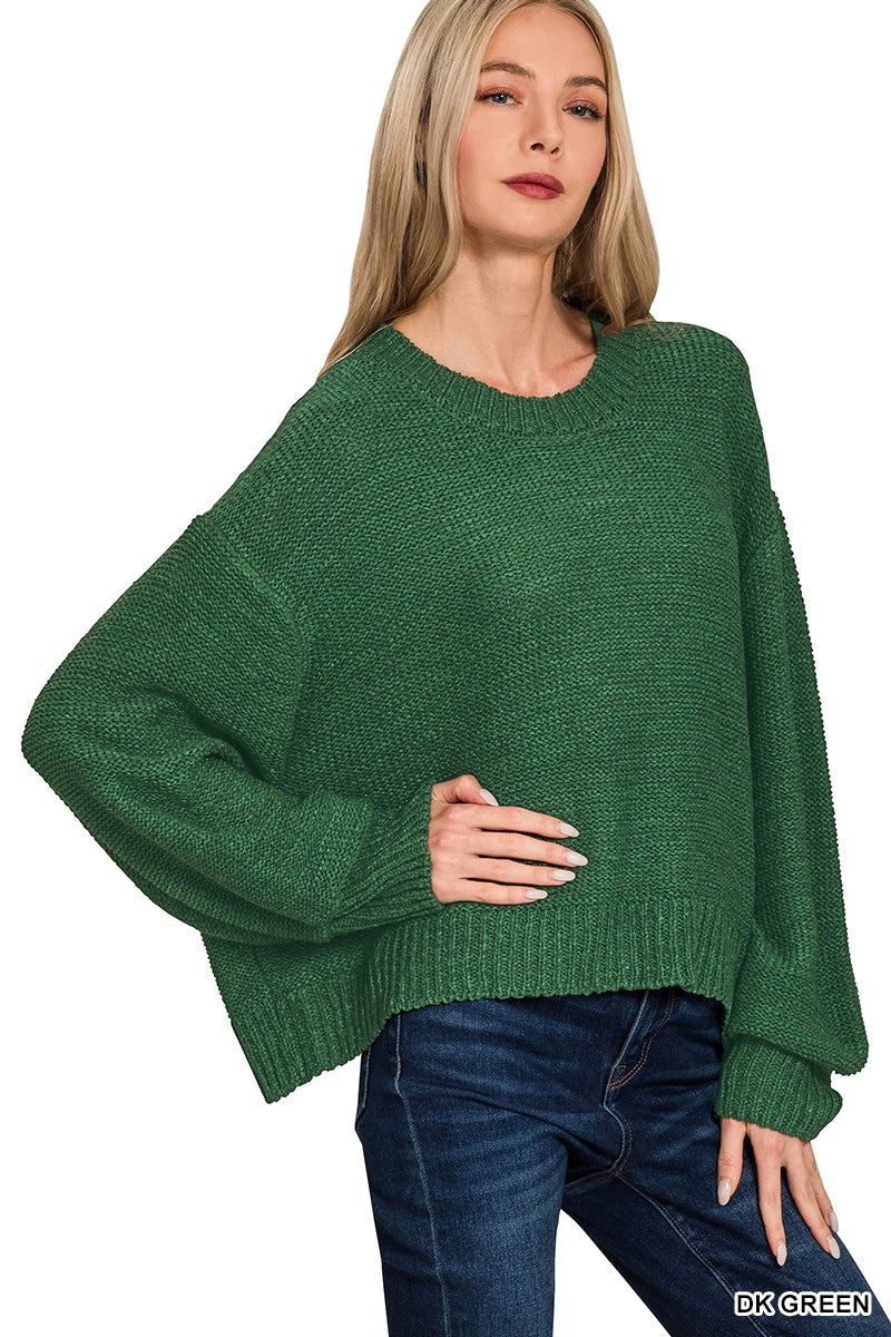 Mia Balloon Sleeve Sweater-Dark Green-1- Tops-Zenana-Usher & Co - Women's Boutique Located in Atoka, OK and Durant, OK
