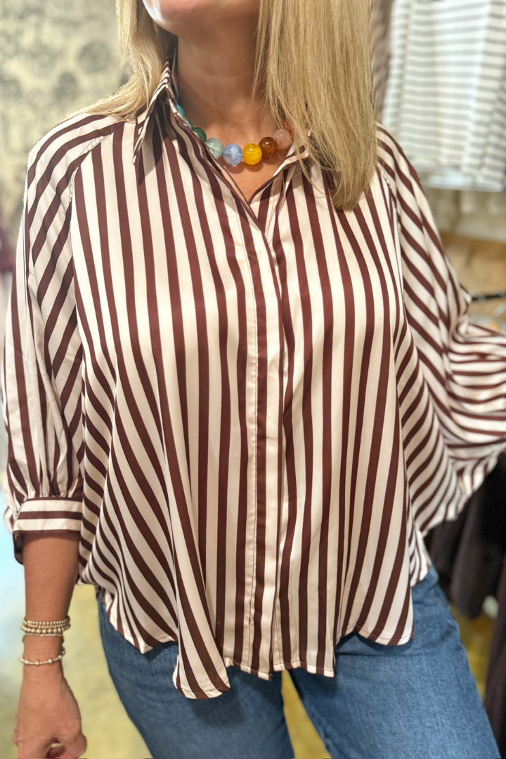 Nora Puff Sleeve Striped Top-Brown-1- Tops-Glam-Usher & Co - Women's Boutique Located in Atoka, OK and Durant, OK