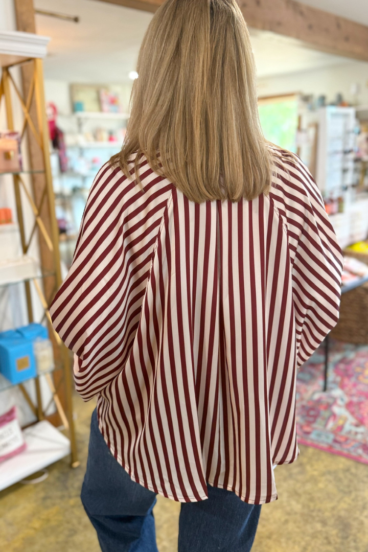 Nora Puff Sleeve Striped Top-Burgundy-1- Tops-Glam-Usher & Co - Women's Boutique Located in Atoka, OK and Durant, OK