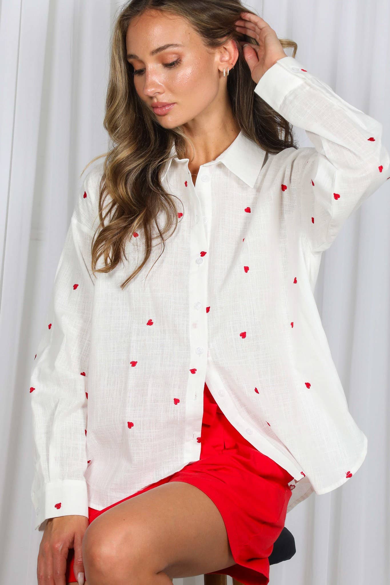 Sweet Heart Embroidered Oversized Shirt-1- Tops-Vine & Love-Usher & Co - Women's Boutique Located in Atoka, OK and Durant, OK