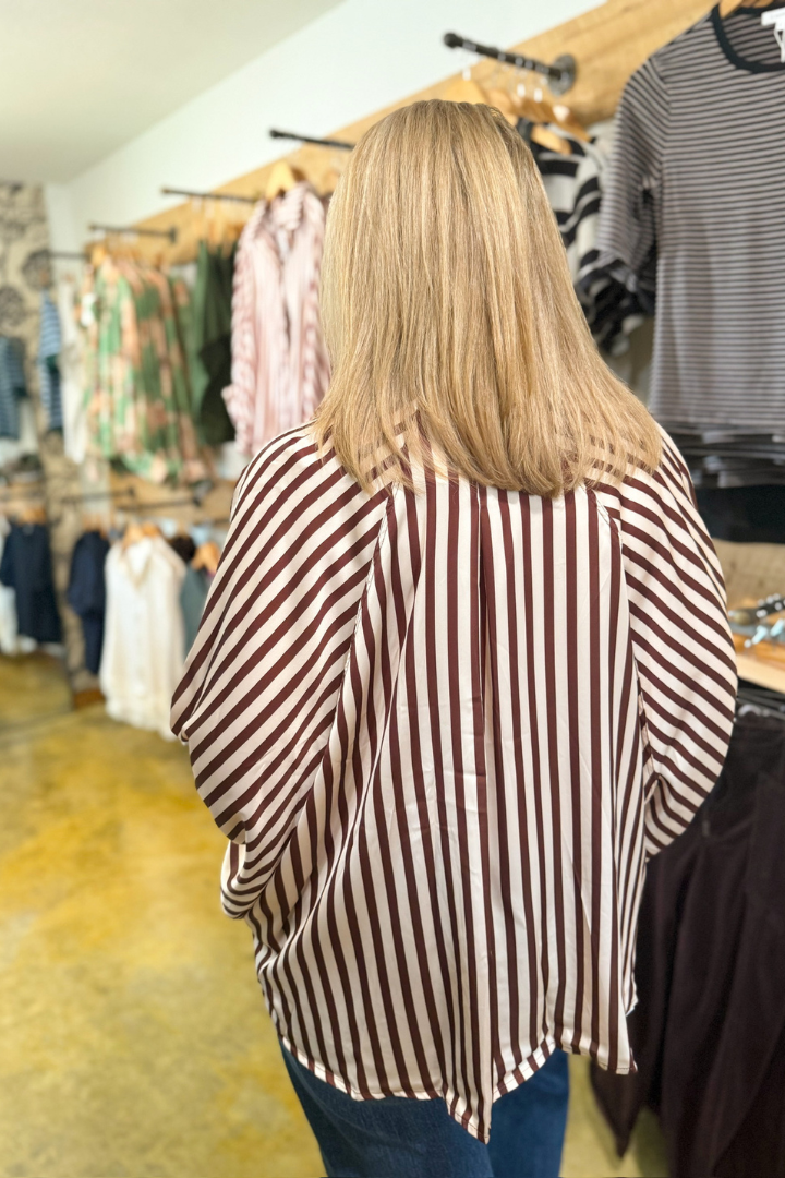 Nora Puff Sleeve Striped Top-Brown-1- Tops-Glam-Usher & Co - Women's Boutique Located in Atoka, OK and Durant, OK