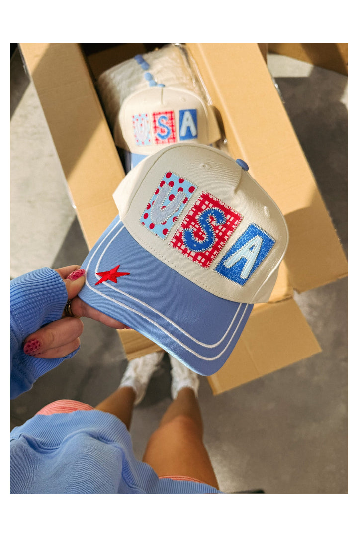 USA Patchwork Trucker Hat-8- Accessory-Etta + East-Usher & Co - Women's Boutique Located in Atoka, OK and Durant, OK