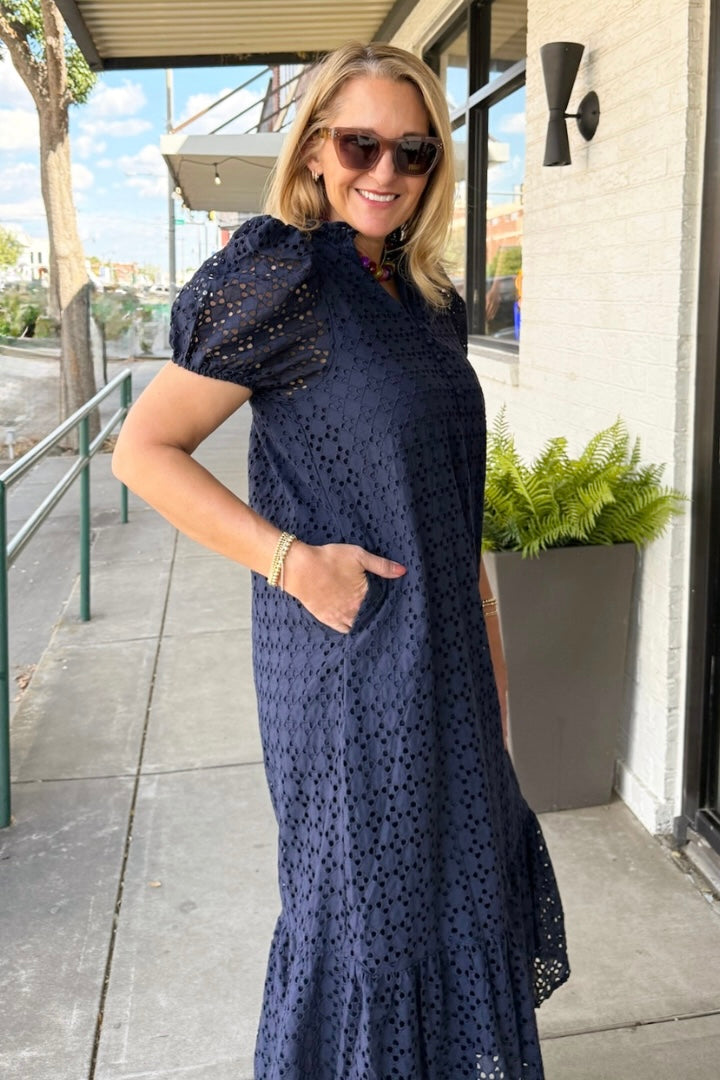 Hydrangea Dress-Navy-6- Dress/Romp/Jump-ENTRO-Usher & Co - Women's Boutique Located in Atoka, OK and Durant, OK