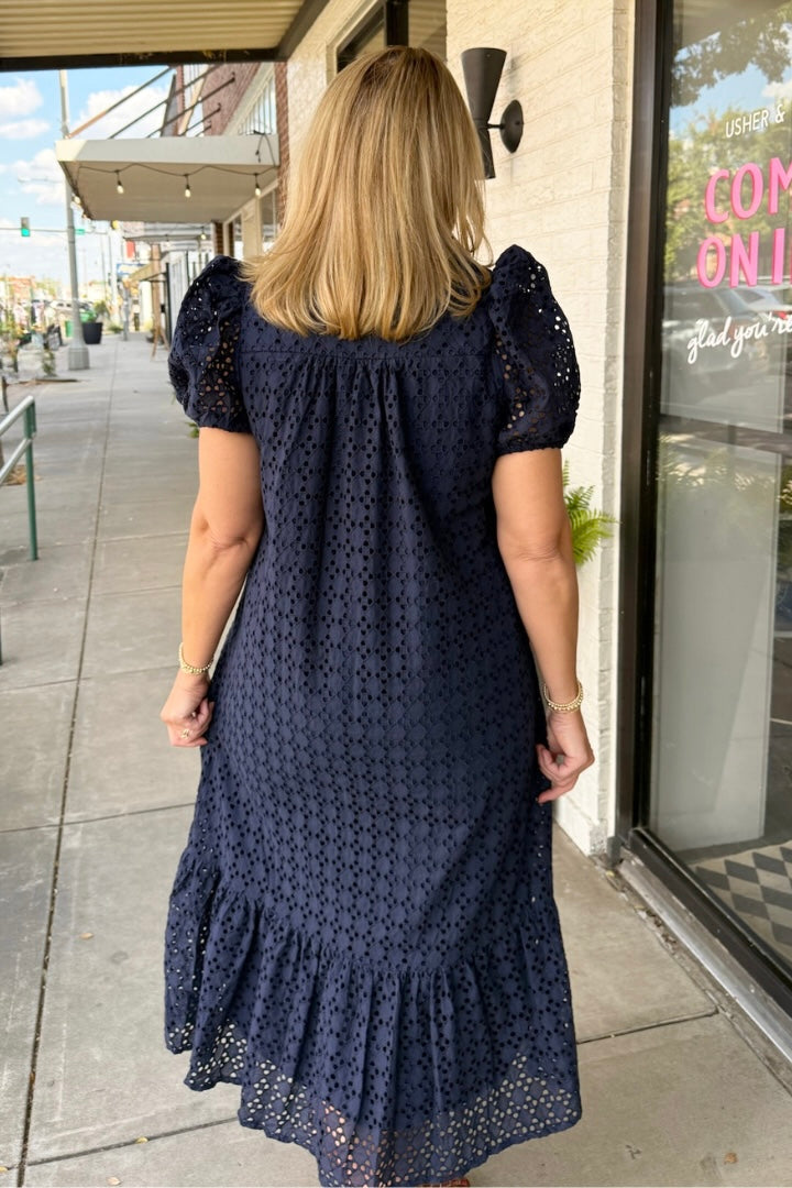 Hydrangea Dress-Navy-6- Dress/Romp/Jump-ENTRO-Usher & Co - Women's Boutique Located in Atoka, OK and Durant, OK
