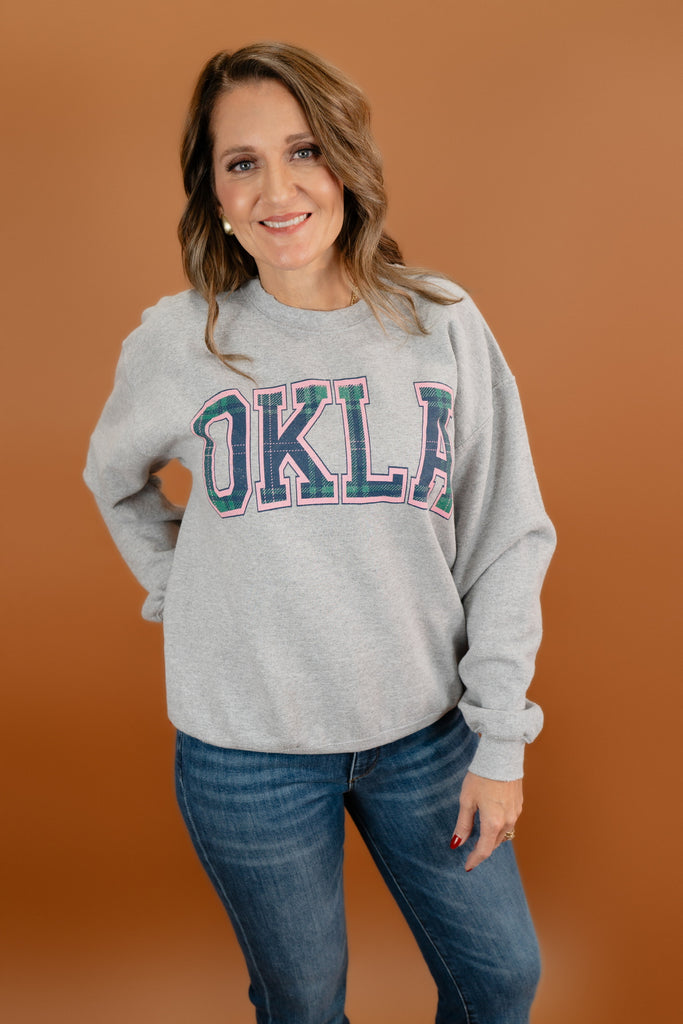 Oklahoma Plaid Arch Thrifted Sweatshirt-Gray-Sweatshirts-LIVYLU-Usher & Co - Women's Boutique Located in Atoka, OK and Durant, OK