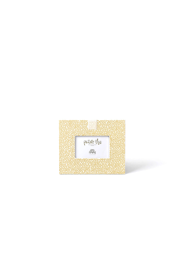Happy Everything mini picture frame with gold small dot pattern on white background holding 4x6 photo