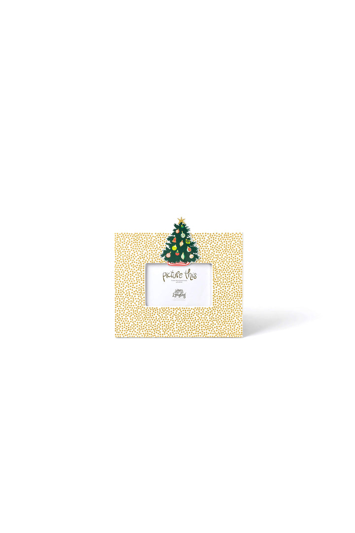Happy Everything mini picture frame with gold dot pattern and decorative Christmas tree attachment