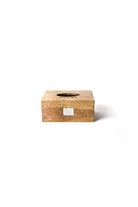Happy Everything mini wooden tissue box with oval opening and engraved script logo on top