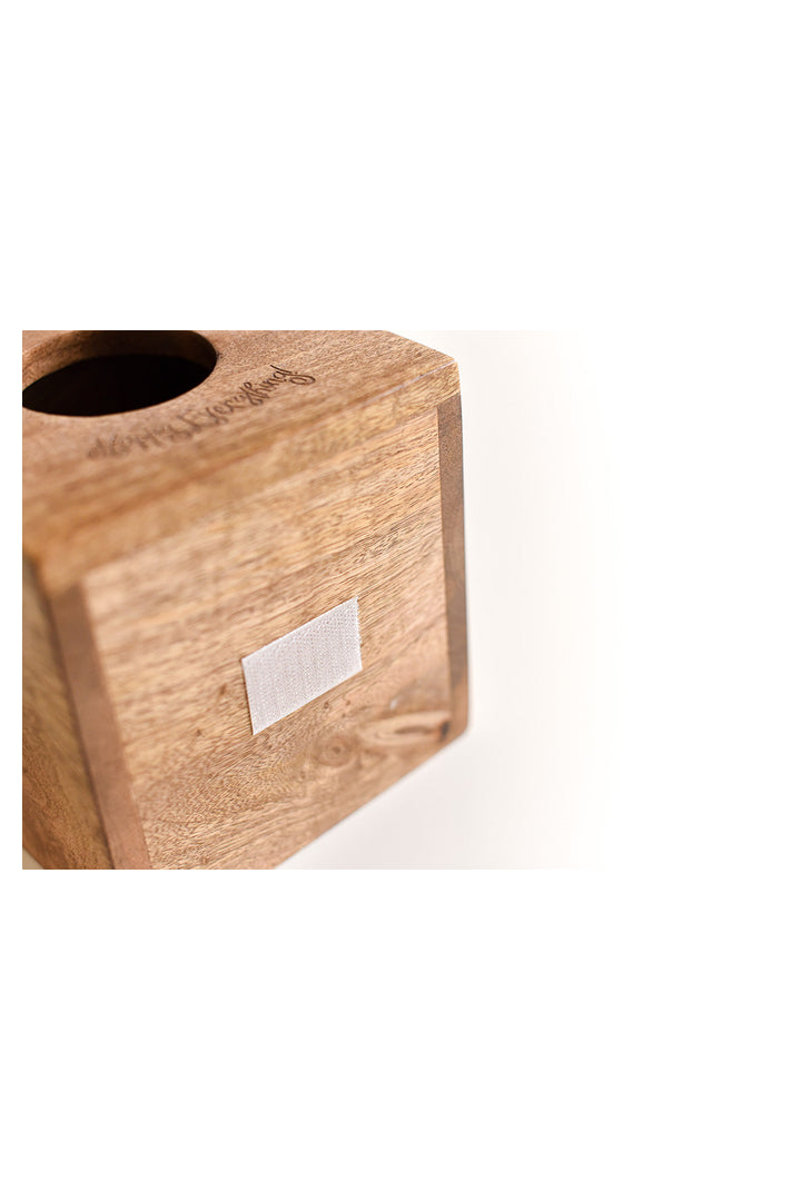 Happy Everything Mini Wood 5 tissue box with circular opening and engraved logo on natural wood