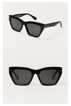 Z Supply Park Ave cat-eye sunglasses in polished black with dark grey polarized lenses, shown from two angles