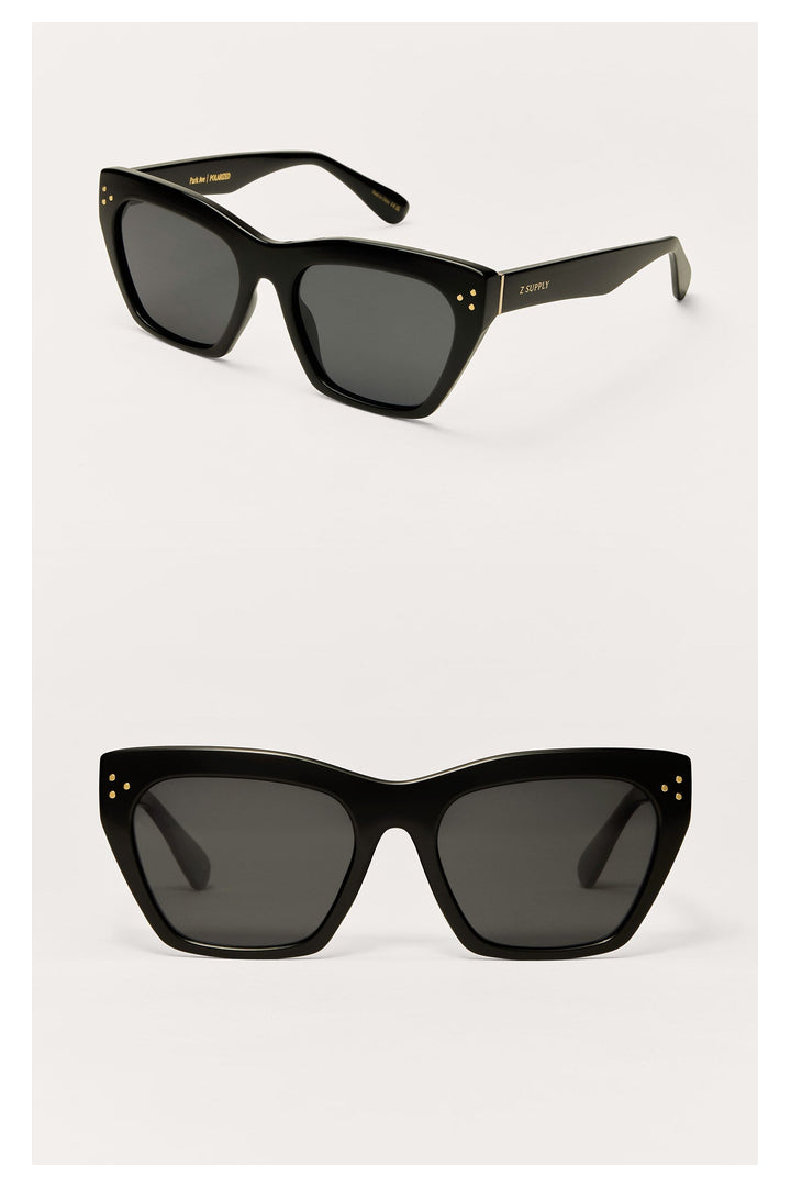 Z Supply Park Ave cat-eye sunglasses in polished black with dark grey polarized lenses, shown from two angles