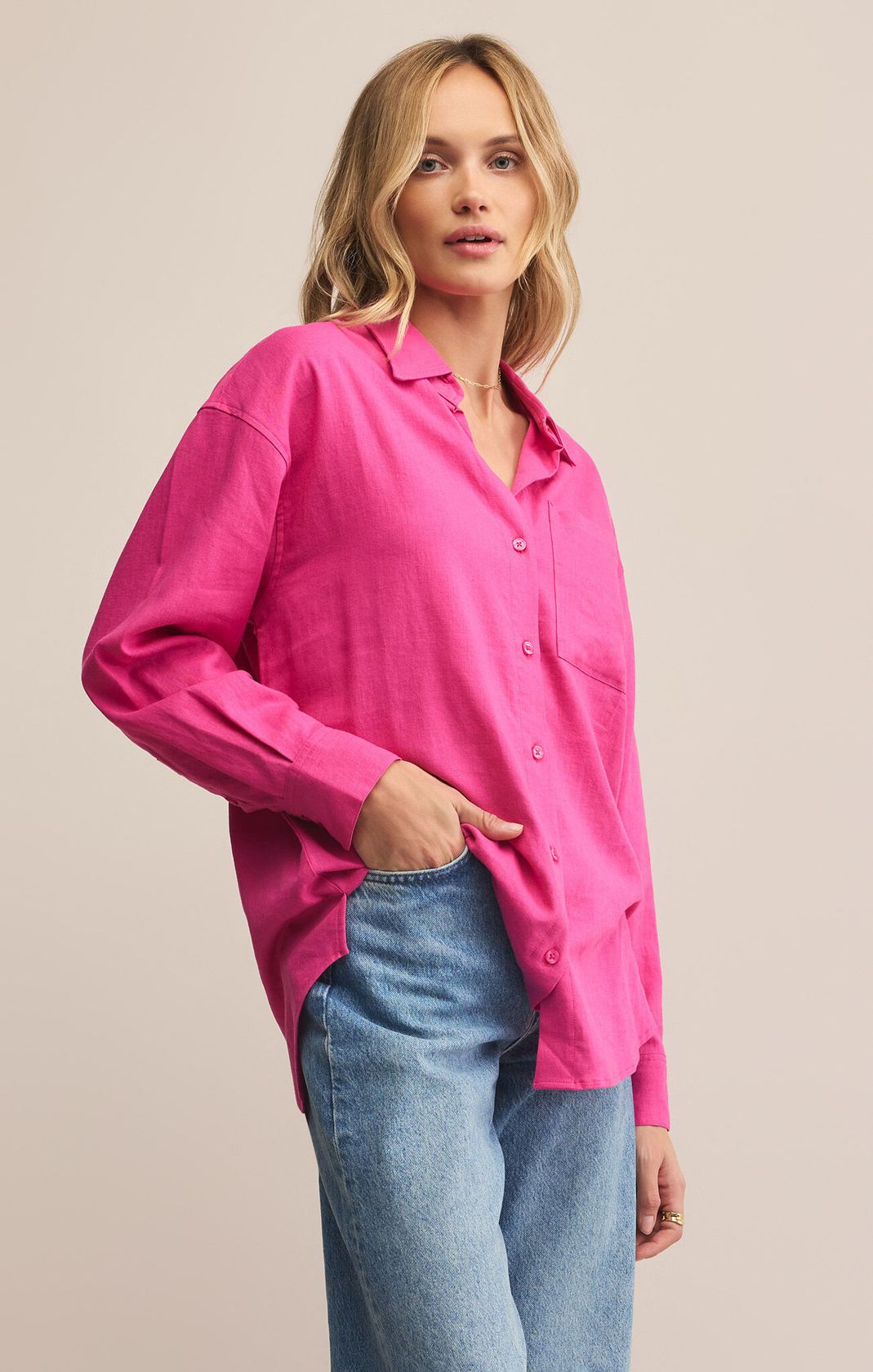 Z SUPPLY: Alfie Linen Button Up-Island Pink-1- Tops-Z SUPPLY-Usher & Co - Women's Boutique Located in Atoka, OK and Durant, OK