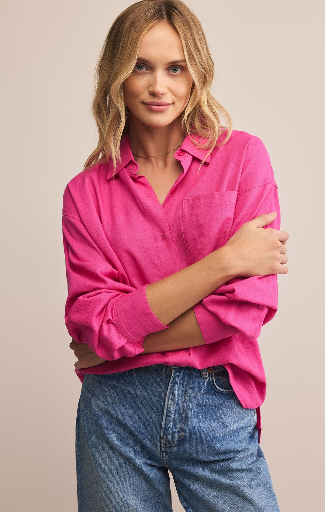 Z SUPPLY: Alfie Linen Button Up-Island Pink-1- Tops-Z SUPPLY-Usher & Co - Women's Boutique Located in Atoka, OK and Durant, OK