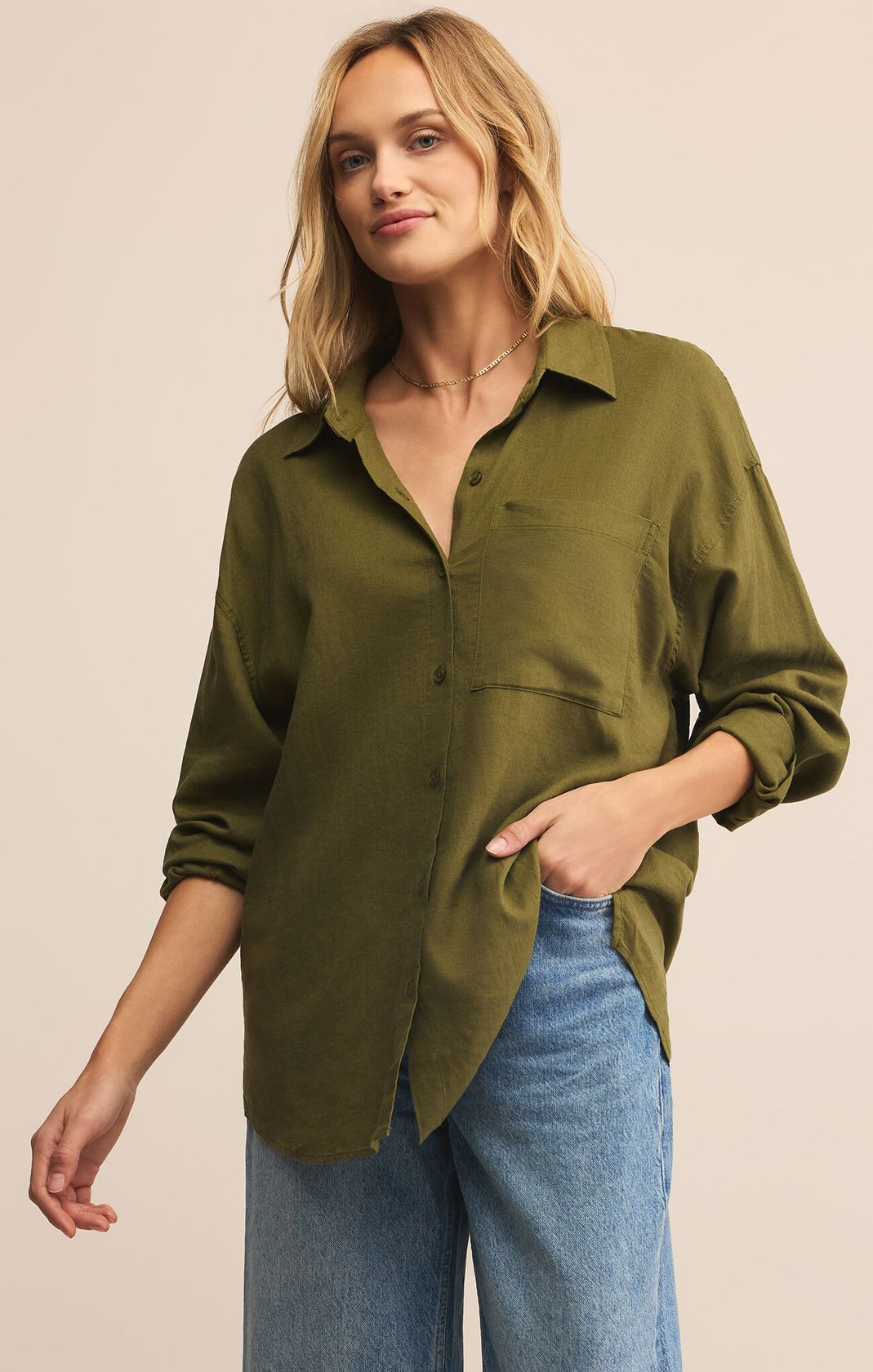 Z SUPPLY: Alfie Linen Button Up-Fern-1- Tops-Z SUPPLY-Usher & Co - Women's Boutique Located in Atoka, OK and Durant, OK