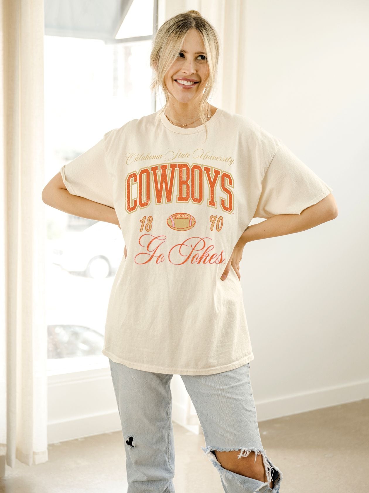 OSU Wave Arch Thrifted Tee-1- Tops-LIVYLU-Usher & Co - Women's Boutique Located in Atoka, OK and Durant, OK