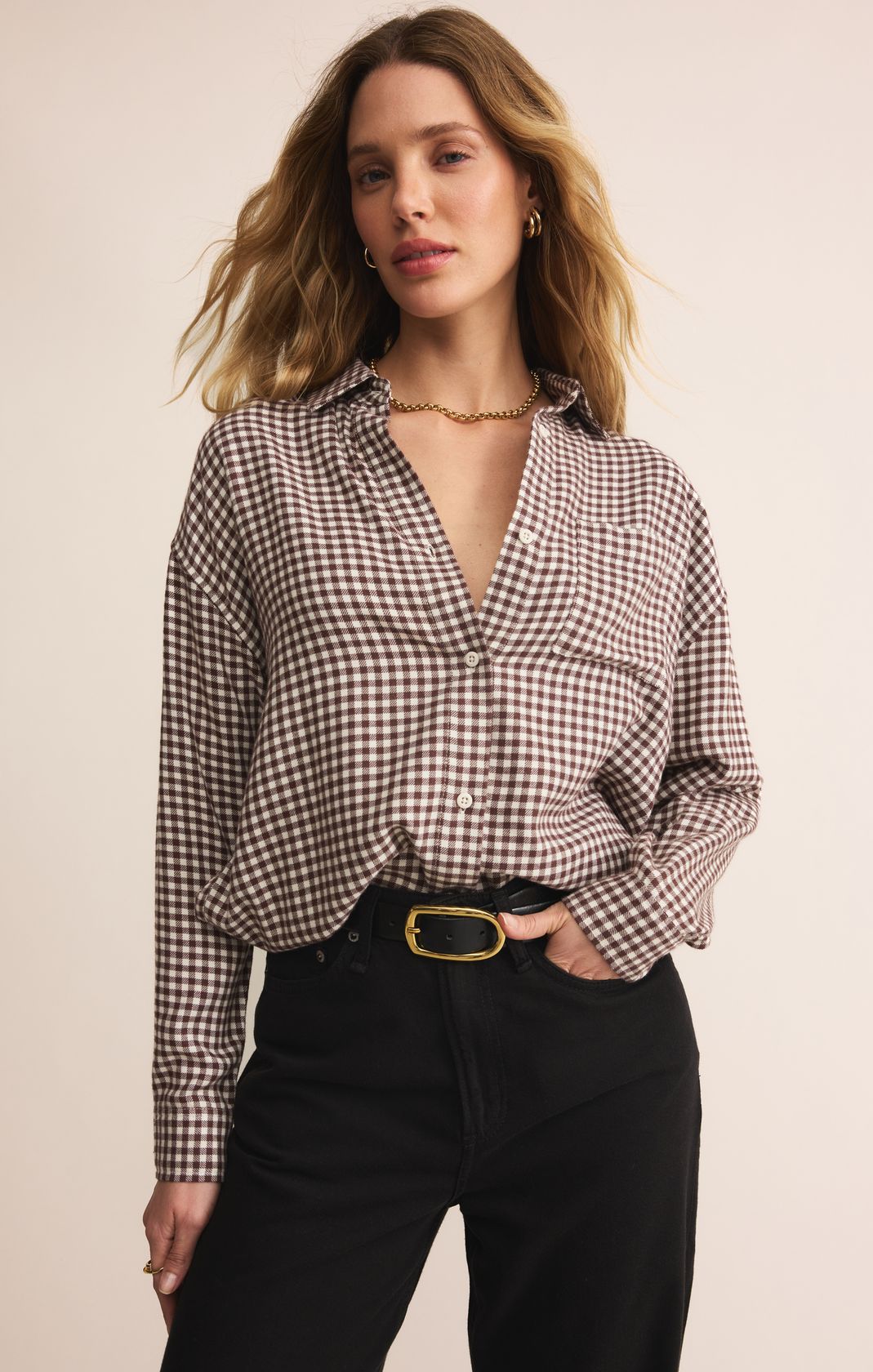 Z SUPPLY: River Plaid Button Up-Chocolate Cherry-1- Tops-Z SUPPLY-Usher & Co - Women's Boutique Located in Atoka, OK and Durant, OK