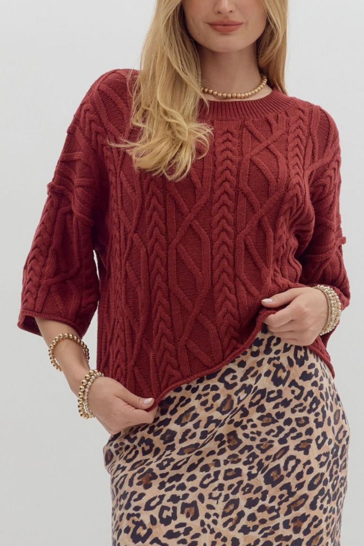 Rosey Cable Knit Sweater-1- Tops-ENTRO-Usher & Co - Women's Boutique Located in Atoka, OK and Durant, OK