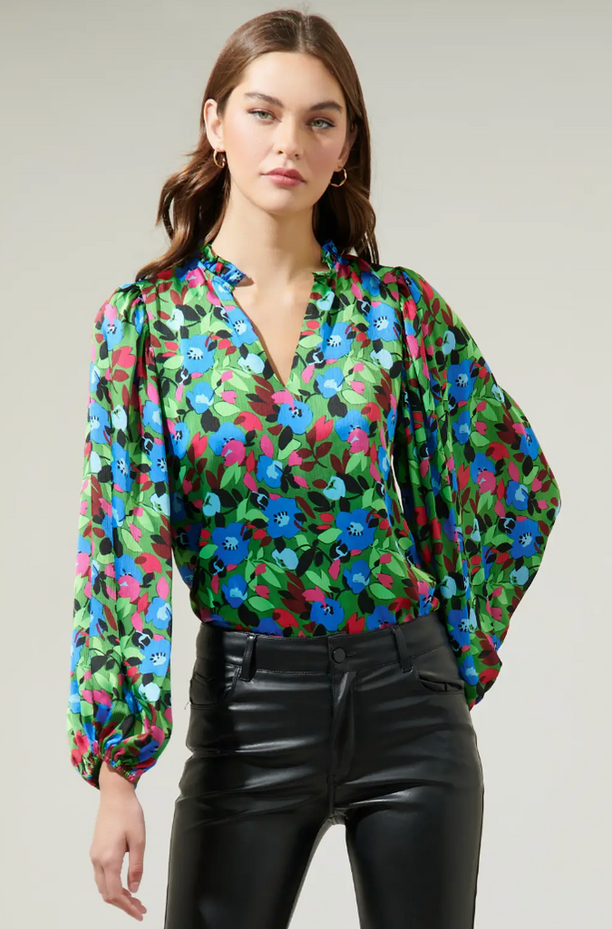 Destine Floral Blouse-Long Sleeve Tops-Sugarlips-Usher & Co - Women's Boutique Located in Atoka, OK and Durant, OK