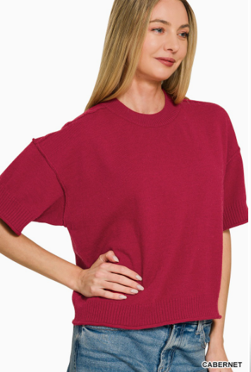 Exposed Seam Crop Sweater-Cabernet-1- Tops-Zenana-Usher & Co - Women's Boutique Located in Atoka, OK and Durant, OK