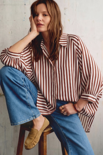 Nora Puff Sleeve Striped Top-Brown-1- Tops-Glam-Usher & Co - Women's Boutique Located in Atoka, OK and Durant, OK