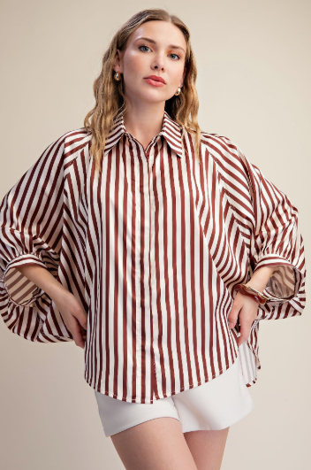 Nora Puff Sleeve Striped Top-Brown-1- Tops-Glam-Usher & Co - Women's Boutique Located in Atoka, OK and Durant, OK