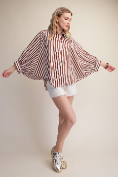 Nora Puff Sleeve Striped Top-Brown-1- Tops-Glam-Usher & Co - Women's Boutique Located in Atoka, OK and Durant, OK
