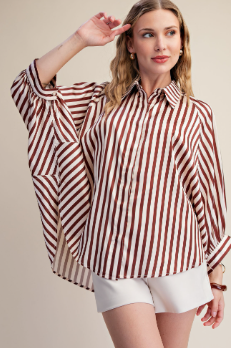 Nora Puff Sleeve Striped Top-Brown-1- Tops-Glam-Usher & Co - Women's Boutique Located in Atoka, OK and Durant, OK