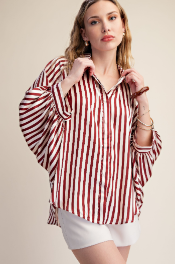 Nora Puff Sleeve Striped Top-Burgundy-1- Tops-Glam-Usher & Co - Women's Boutique Located in Atoka, OK and Durant, OK