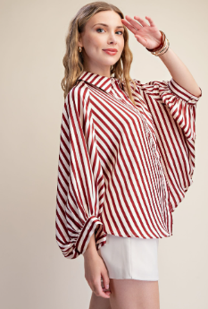 Nora Puff Sleeve Striped Top-Burgundy-1- Tops-Glam-Usher & Co - Women's Boutique Located in Atoka, OK and Durant, OK