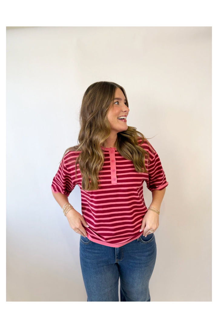 Marlow Striped Top-Burgundy-1- Tops-JODIFL-Usher & Co - Women's Boutique Located in Atoka, OK and Durant, OK