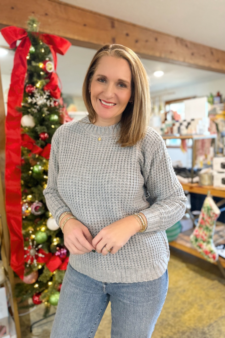 Lily Waffle Sweater-Heather Gray-1- Tops-Zenana-Usher & Co - Women's Boutique Located in Atoka, OK and Durant, OK