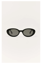 Black oval frame sunglasses with dark grey polarized lenses on white background