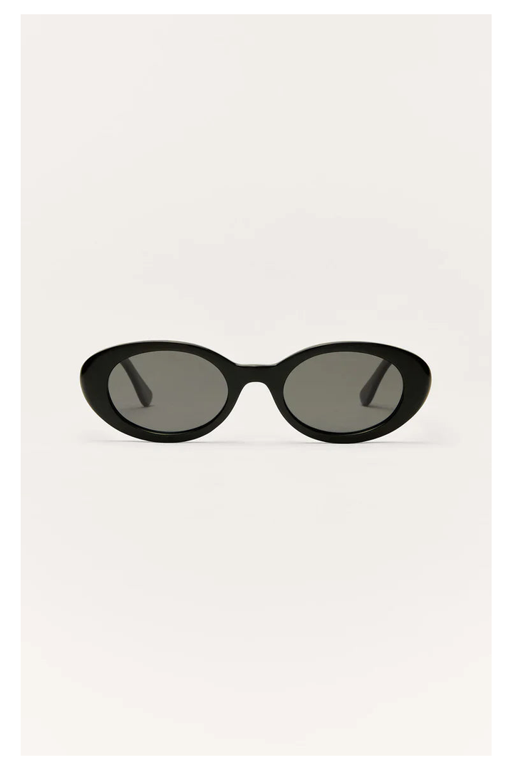 Black oval frame sunglasses with dark grey polarized lenses on white background