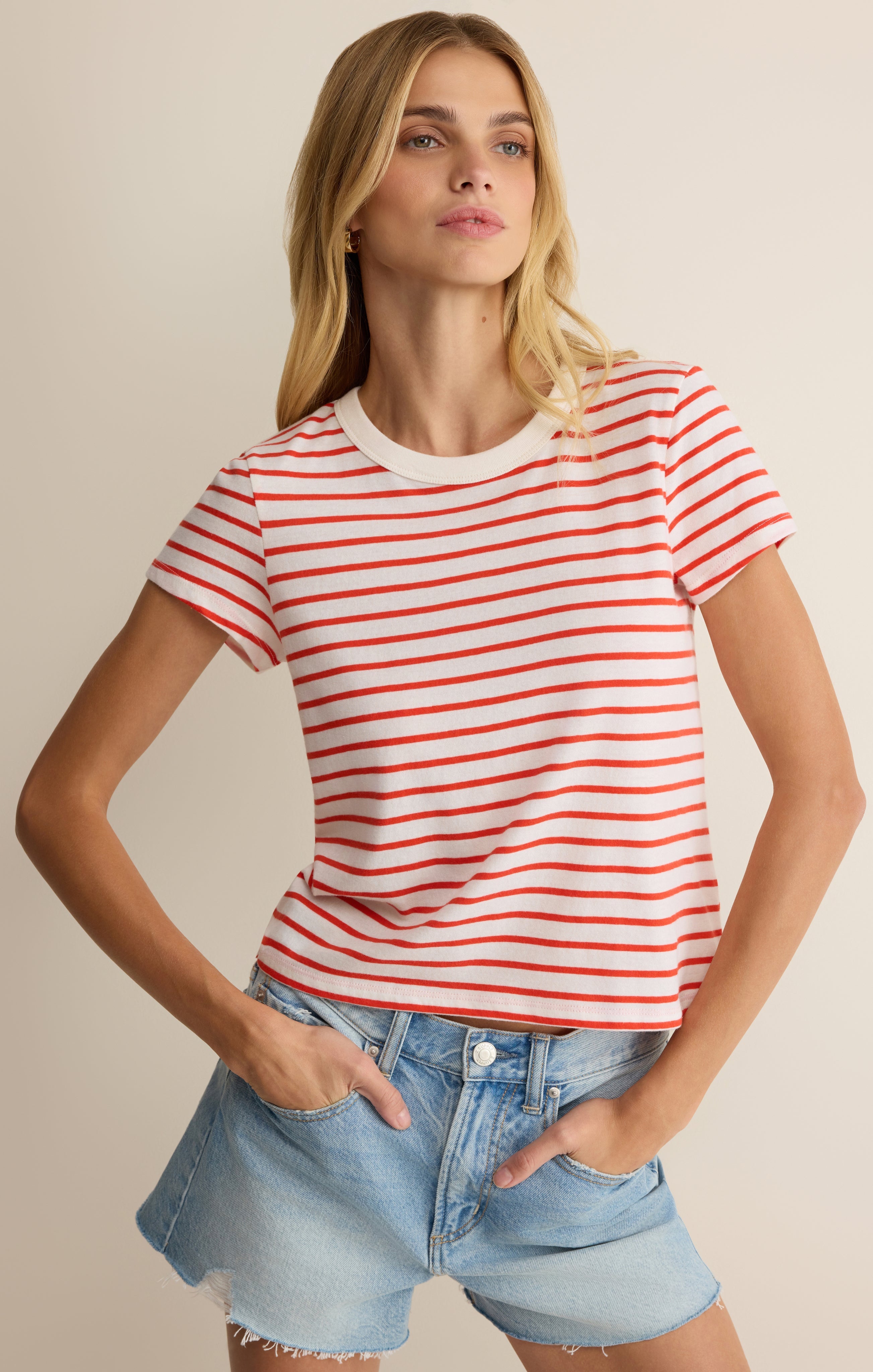 Z Supply: Junie Striped Tee - Lychee-1- Tops-Z Supply-Usher & Co - Women's Boutique Located in Atoka, OK and Durant, OK