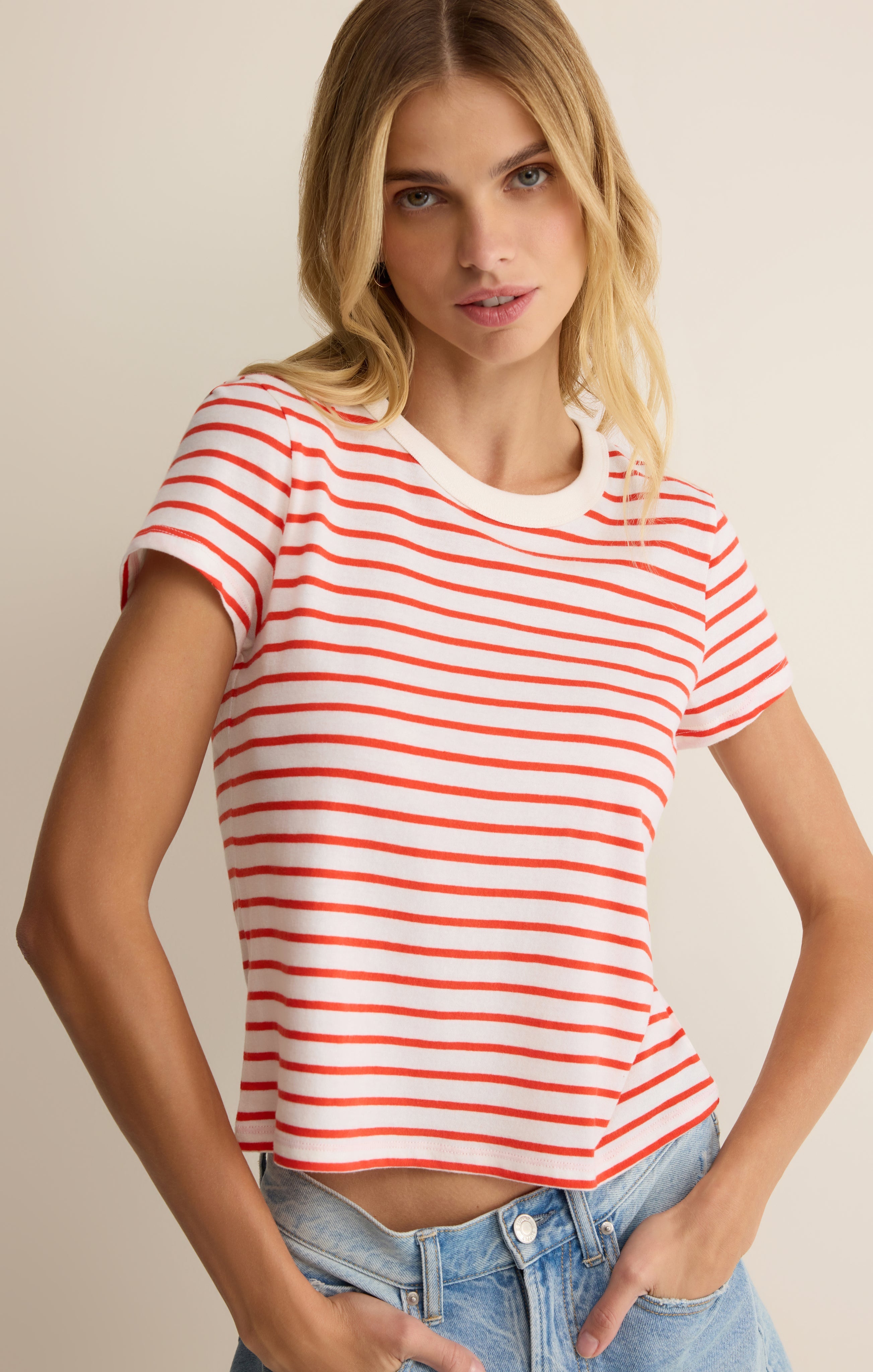 Z Supply: Junie Striped Tee - Lychee-1- Tops-Z Supply-Usher & Co - Women's Boutique Located in Atoka, OK and Durant, OK