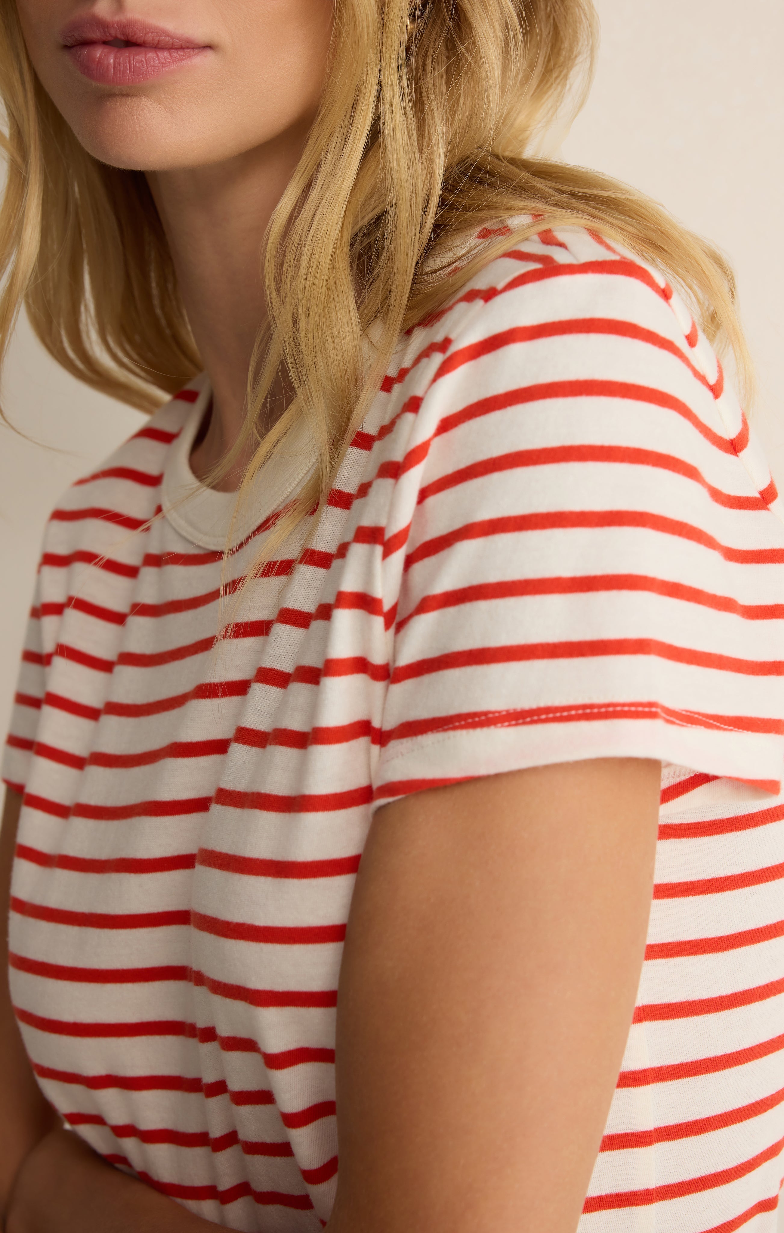 Z Supply: Junie Striped Tee - Lychee-1- Tops-Z Supply-Usher & Co - Women's Boutique Located in Atoka, OK and Durant, OK