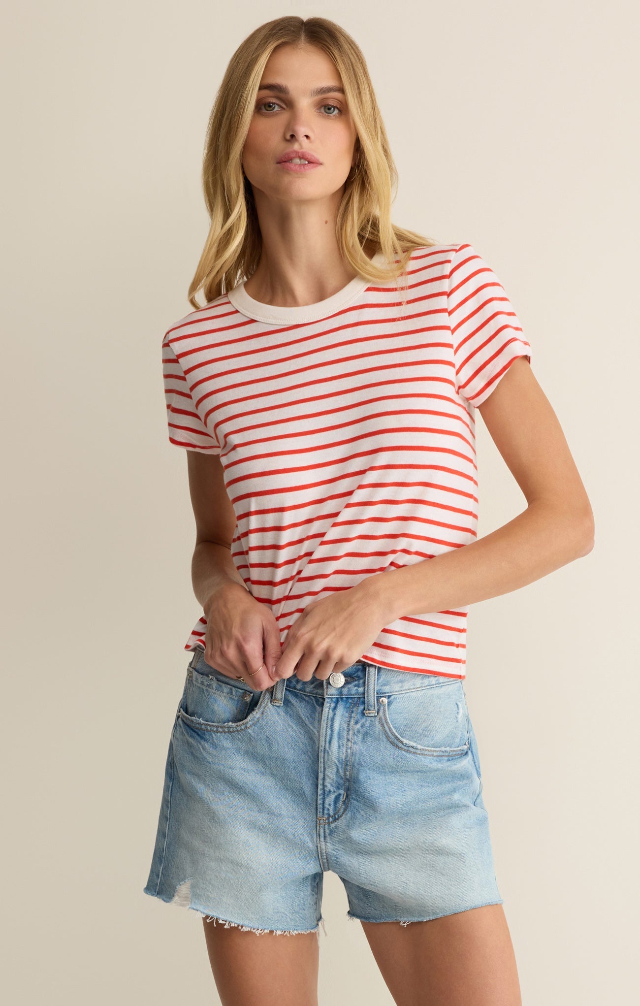 Z Supply: Junie Striped Tee - Lychee-1- Tops-Z Supply-Usher & Co - Women's Boutique Located in Atoka, OK and Durant, OK