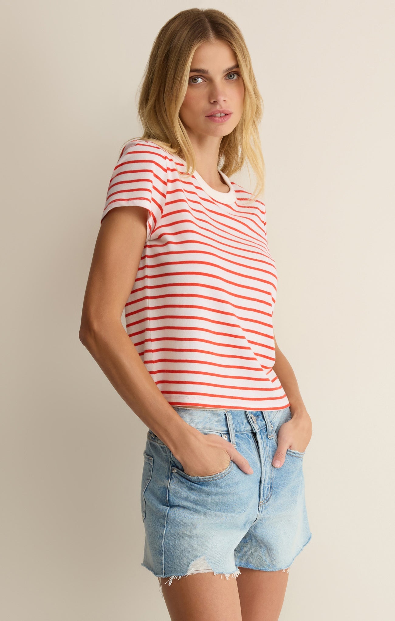 Z Supply: Junie Striped Tee - Lychee-1- Tops-Z Supply-Usher & Co - Women's Boutique Located in Atoka, OK and Durant, OK