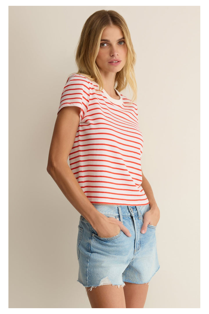 Z Supply: Junie Striped Tee - Lychee-1- Tops-Z Supply-Usher & Co - Women's Boutique Located in Atoka, OK and Durant, OK
