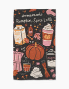 Dark fall-themed tea towel with illustrated pumpkin spice latte recipe and ingredients